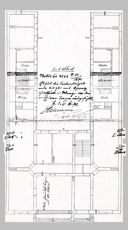 Kollwitzstraße 52, Abbildung der Zeichnung des 1. und 2. Obergeschosses aus der Bauakte von 1874