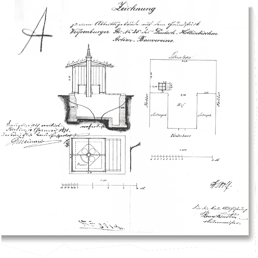Kollwitzstraße 52, Zeichnung für den Bau eines Abtrittsgebäudes auf dem Hof, 1875
