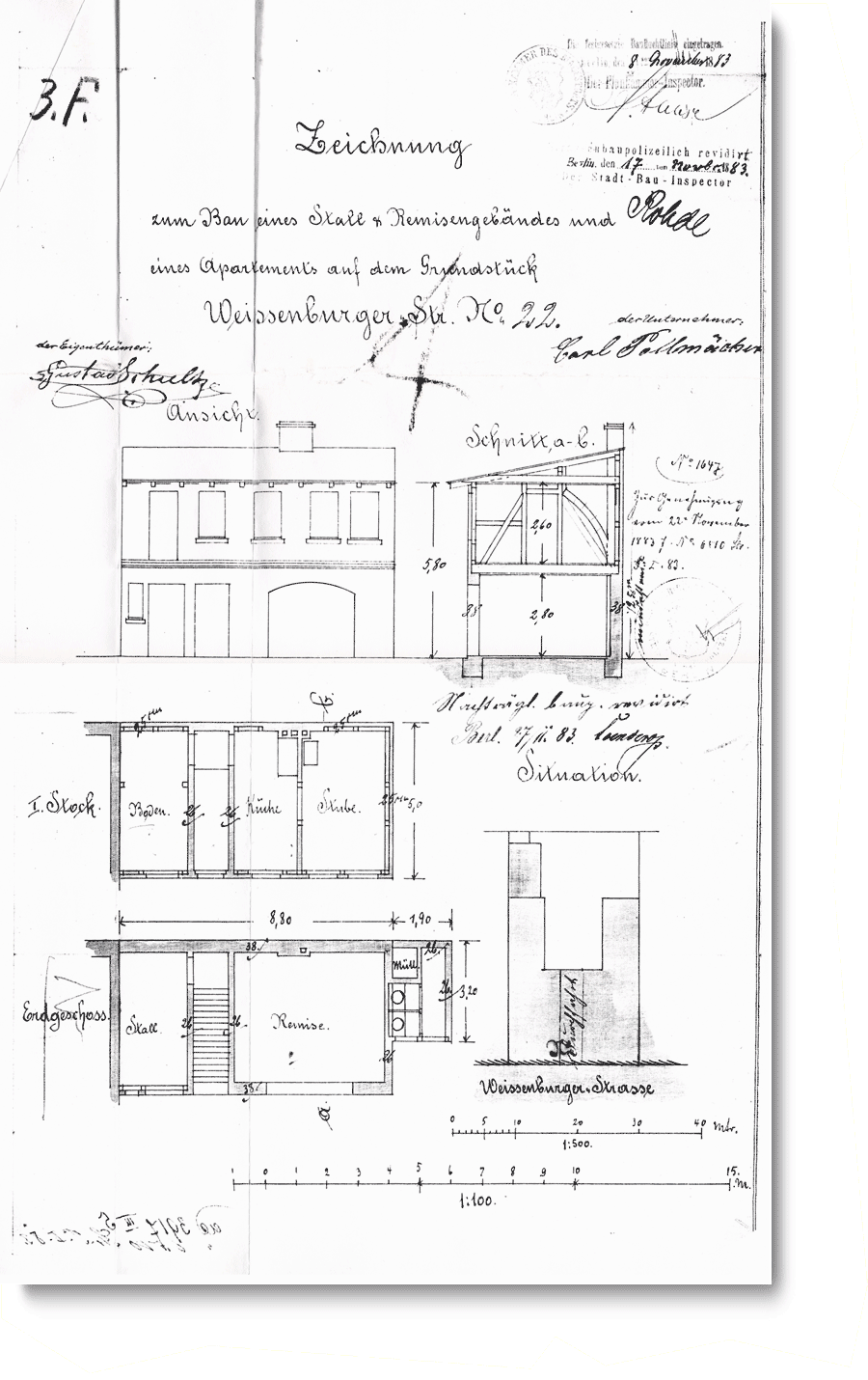 Kollwitzstraße 52, Zeichnung für den Bau einer Remise auf dem Hof, 1883
