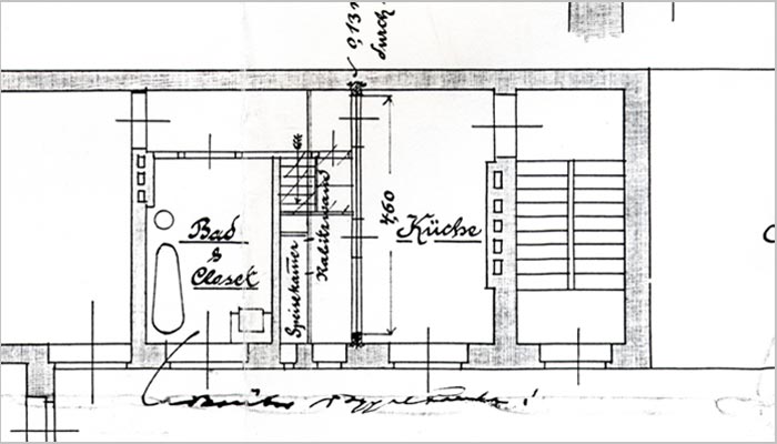 Kollwitzstraße 52, Zeichnung für die Vergößerung einer Küche im ersten Obergeschoss, 1891