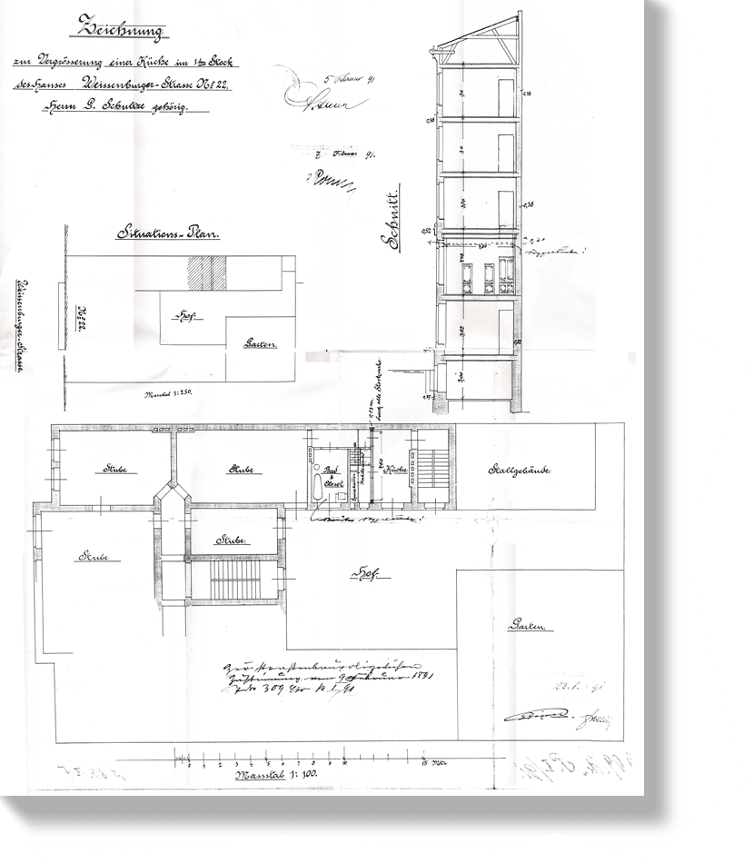 Kollwitzstraße 52, Zeichnung für die Vergößerung einer Küche im ersten Obergeschoss, 1891
