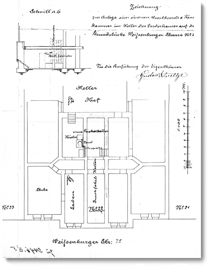 Kollwitzstraße 52, Zeichnung für den Einbau eines eisernen Wurstkessels im Keller, 1893