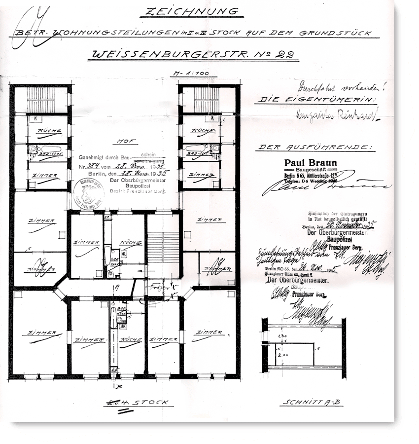 Kollwitzstraße 52, Zeichnung für die Neuaufteilung des vierten Obergeschosses in vier Wohnungen