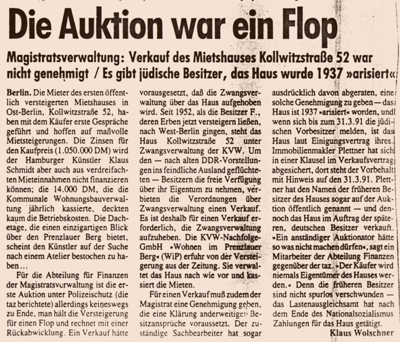 Kollwitzstraße 52, Artikel der Bildzeitung zur Versteigerung des Hauses