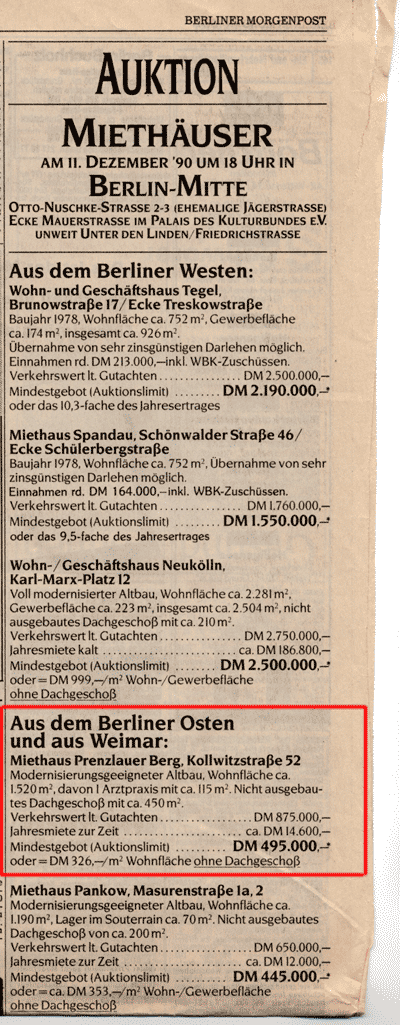 Kollwitzstraße 52, Ankündigung der Auktion, bei der das Haus am 11. Dezember 1990 versteigert wurde