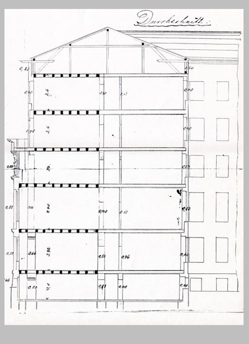 Kollwitzstraße 52, Zeichnung des Querschnitts des Vorderhauses aus der Bauakte von 1874